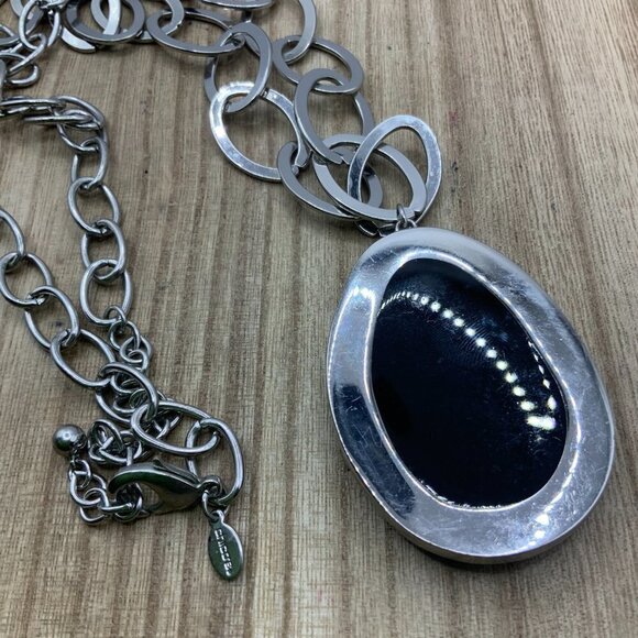 Chico's Long Silver Tone Link Oval Black Pendant Necklace - Picture 4 of 7